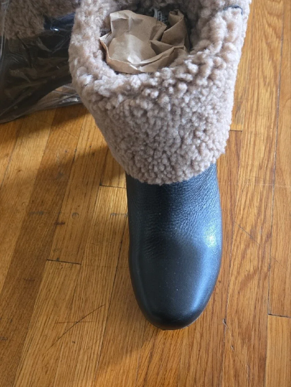 UGG Black Leather Clog Boots with Tan Shearling Cuff